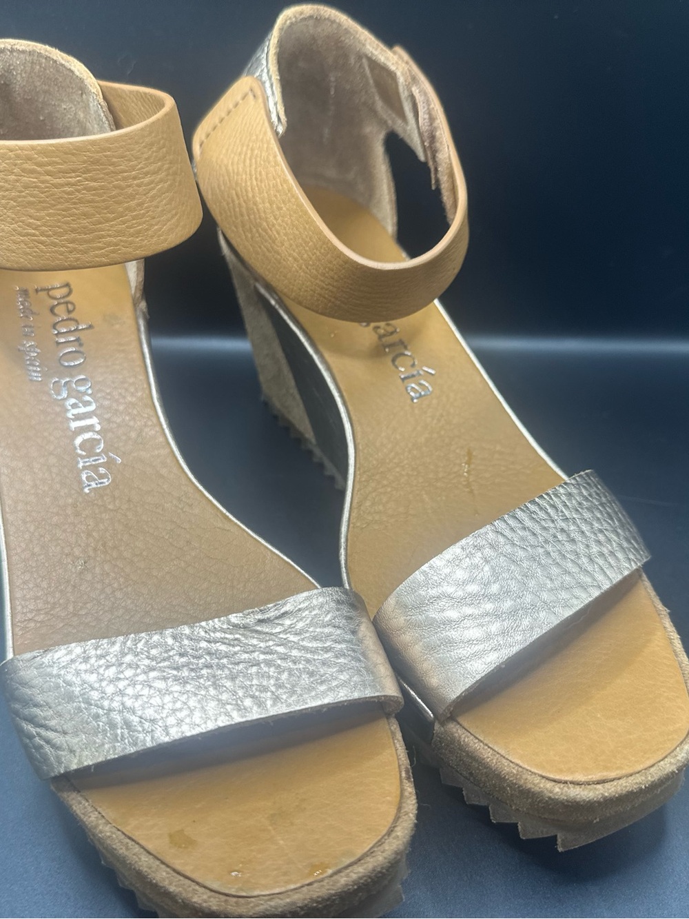 Pedro Garcia Women's Metallic Silver and Tan Wedge Sandals